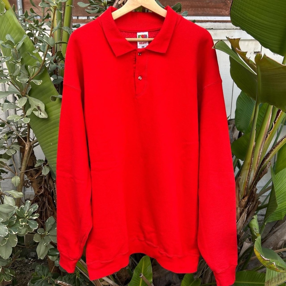 Vintage 1990s Fruit of the Loom Heavy Cotton Red Polo Sweatshirt XXL